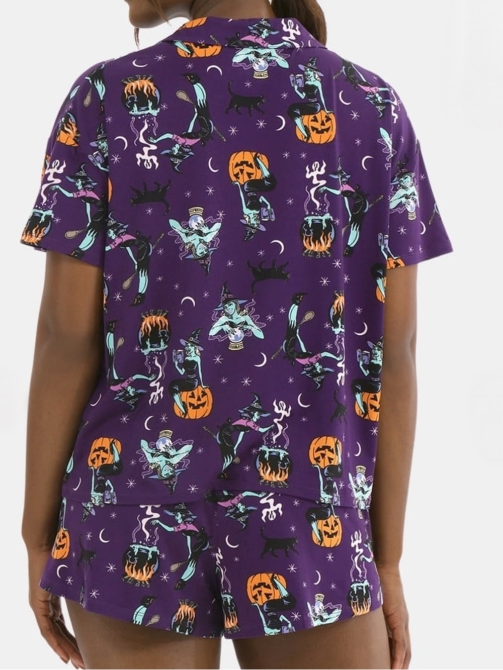 . Way To Celebrate Halloween Purple Witch Printed Button Up Shirt & Shorts Set - Picture 3 of 10